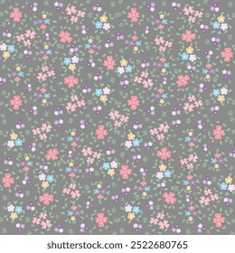 Small pastel colored floral fabric pattern, cute, hand drawn, seamless vector texture, clothing pattern, children's items, children's toys, gray background.