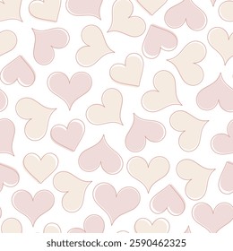 Small pastel pink and cream hearts on a white background, doodle summer,  kids and baby designs for use as fabric or paper.