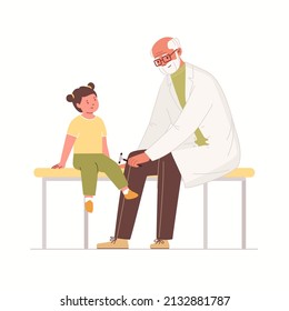 Kleiner Neurologe-Patient. Der alte Arzt greift mit dem neurologischen Hammer auf das Knie sitzender weiblicher Kinder. Einzeln auf weißem Hintergrund. Vektorgrafik-Charaktere flache Cartoon-Illustration.