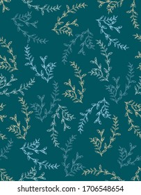 Small pattern from floral brunch with small leaves made by outline in dark green, green and light blue color