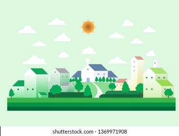 Small Peaceful Town; Little City And Tiny Chruch.; Home Town Flat Style With Nature.vector Illustration.