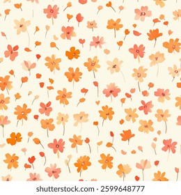 Small peach and orange flowers on a white background, watercolor flower seamless pattern. Watercolor print in rustic vintage style, textile or wallpaper.