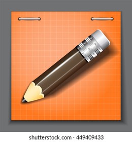 Small pencil on the orange paper sheet background. Vector illustration.