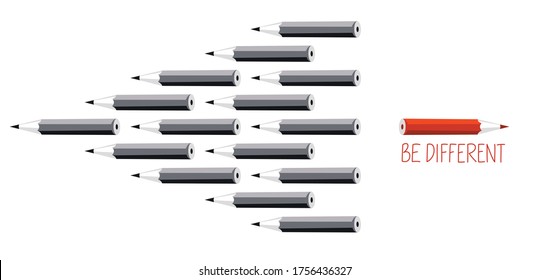 Small pencils group are moving and one is going in different direction vector illustration, concept of difference and independency from a crowd, be different.