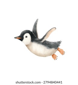 Small penguin flying through air quickly