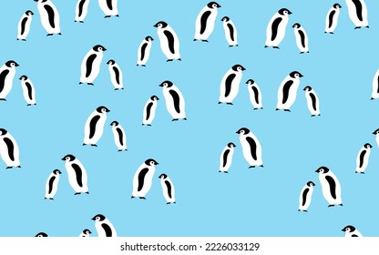 A small penguin and a large one on a light blue background. Seamless pattern.
