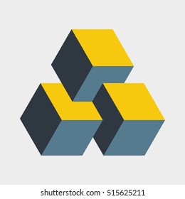 Small penrose triangle constructed of three blocks. Isometric cubes for 3d designing. Mathematical object with mental trick. Optical illusion of brain. Symbol with three-dimensional effect. Imp art.