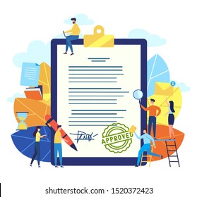 Small people with approved document. Finished project, completed or done job, test, approved choice, document checked, Concept vector illustration for web page, banner, presentation, social media