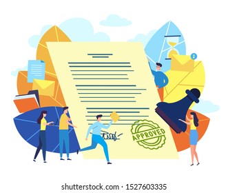 Small people are approving a document by stamp. Finished project, completed job, done test, approved choice, document checked, Concept vector illustration for web page, banner, presentation, media
