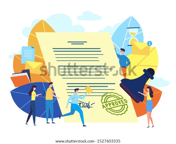Small people are approving a document by stamp.\
Finished project, completed job, done test, approved choice,\
document checked, Concept vector illustration for web page, banner,\
presentation, media