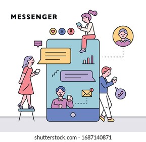 Small people around a big smartphone. They are sending messages on their cell phones. flat design style minimal vector illustration.