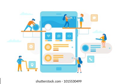 Small people around a smartphone make a UI/UX process infographic. Teamwork business concept. Business workers together in minimal design vector flat illustration.