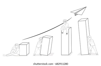 Small people are building a diagram. Development of business, teamwork. vector illustration.