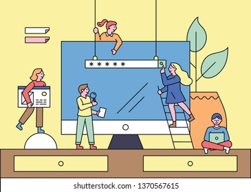 Small people building web pages on huge monitors. flat design style minimal vector. concept illustration