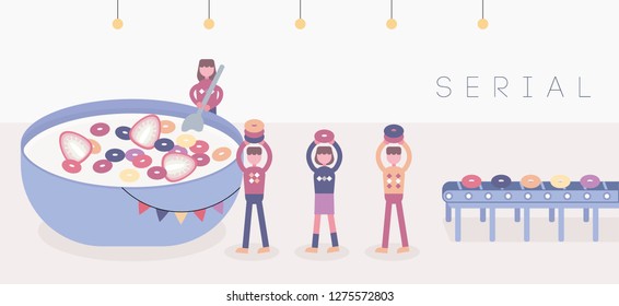 Small people carrying cereal. Vector EPS10