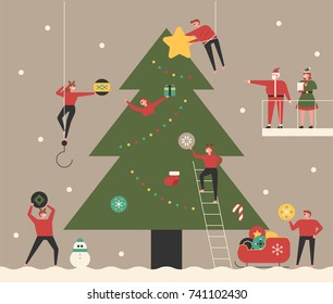 small people character decorated big Christmas tree with Santa clause. vector concept illustration flat design