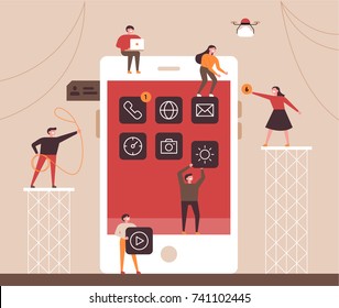 small people character decorated mobile technology. vector concept illustration flat design