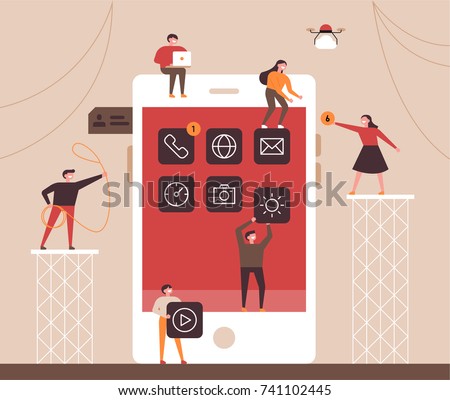 small people character decorated mobile technology. vector concept illustration flat design