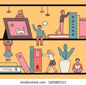 Small people character with huge bookcase interior. flat design style minimal vector illustration.