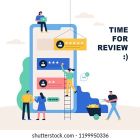 A small people character on a huge mobile phone is giving a late review and a star rating. flat design style vector graphic illustration.