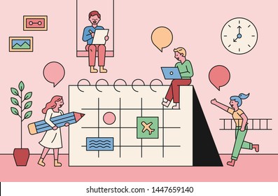 A small people character who plans a schedule around a large calendar. flat design style minimal vector illustration.