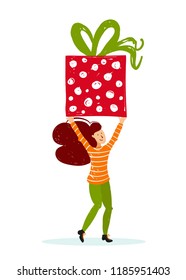 Small people characters bring christmas box. New year decoration. Fantasy little people working in giant world flat cartoon style hand drawn vector illustration. Cute miniature of package to holiday