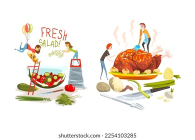 Small People Characters Cooking Giant Food Dressing Salad in Bowl and Serving Roasted Chicken on Plate Vector Set