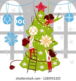 Small people characters decorating christmas tree. New year decoration. Fantasy little people in giant world flat cartoon style hand drawn vector illustration