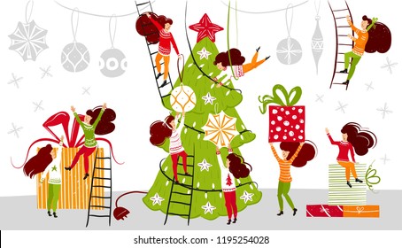 Small people characters decorating christmas tree. New year decoration. Fantasy little people in giant world flat cartoon style hand drawn vector illustration.