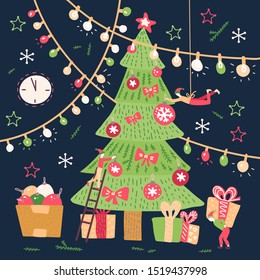 Small people characters decorating christmas tree. New year decoration. Fantasy little people in giant world flat cartoon style hand drawn vector illustration