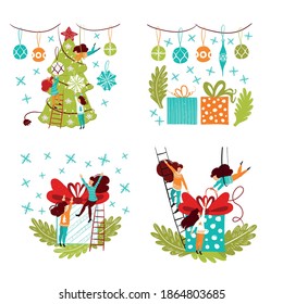 Small people characters decorating christmas tree and presents. New year decoration. Fantasy little people in giant world flat cartoon style hand drawn vector illustration.