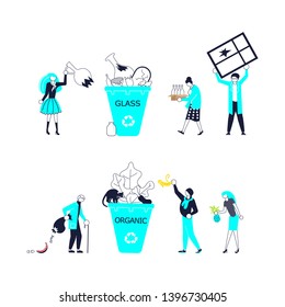 Small people Characters throw garbage in container set. Environmental protection, ecology, earth day in blue and outline design. Flat Art Vector illustration