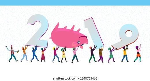 Small people characters weared in festive clothes going to celebrate the new 2019 year