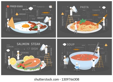 Small people in chef uniform and hat cook giant food. Omelette, pasta, fish and soup. Delicious dinner. Catering concept. Vector flat illustration