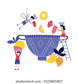 Small people - children - cooking fruit dish in huge bowl flat cartoon style, vector illustration isolated on white background. Little girls and boy preparing oversize food, teamwork concept