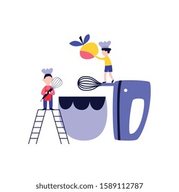 Small people - children - cooking in huge bowl via mixer flat cartoon style, vector illustration isolated on white background. Little boys preparing oversize food, teamwork concept