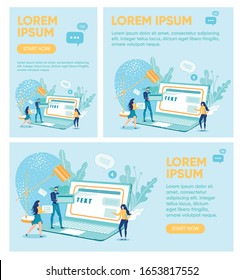 Small People Choosing Font for Website Flat Cartoon Banner Vector Illustration. People Showing Large Letters in Different Styles. Person Selecting Suitable Text for Page. Screen with Typography.