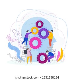Small people collect gear in the human head. The development of imagination and creativity, the emergence of ideas, brainstorming, innovation. Flat vector illustration.