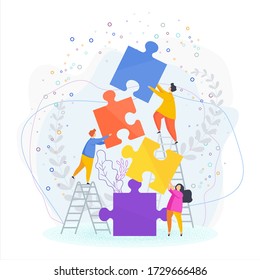 Small people connect puzzle pieces. Teamwork, help and support, mutual understanding. Human Resource Management and Problem Solving. Trendy flat vector style.