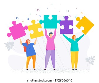 Small people connect puzzle pieces. Teamwork, help and support, mutual understanding. Human Resource Management and Problem Solving. Trendy flat vector style.