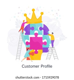 Small People Create Ideal Customer Profile. Customer information to create a marketing strategy and tactics to promote a brand, product, service. Flat vector illustration.