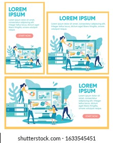 Small People Creating Icons with Different Functions on Computer Screen Flat Cratoon Vector Illustration. Programmers Opening Files, Testing Website on Desktop Computer. Media Files, Video, Music.