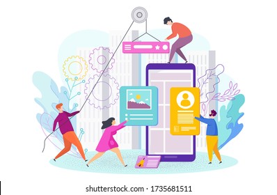 Personas pequeñas están diseñando un sitio web móvil. Diseño web, desarrollo. El sitio web está en construcción. Diseño de interfaz. Ilustración de estilo vectorial plano de moda.
