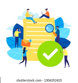 Small people with finished project, completed things or done job, test, approved choice, document checked, Concept vector illustration for web page, banner, presentation, social media, cards