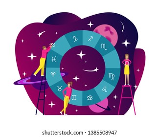 Small people flat astrology illustration. Natal chart with gradient background. Horoscope. Flat vector illustration