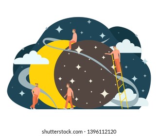 Small people flat astrolomy illustration. Sun eclipse. Flat vector illustration