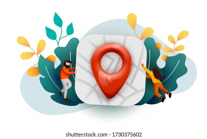 Small People Flying Around Big Map With Map Pin. Travel Or Journey Concept. Location, Address Or Contacts Sign. Vector Illustration.