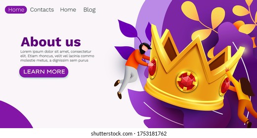 Small people flying around big golden crown. Victory, triumph or achievement concept. Best deal or reward sign. Vector illustration.
