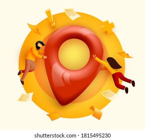 Small people flying around big Map with map pin. Travel or journey concept. Location, address or contacts sign. Vector illustration.