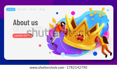 Small people flying around big golden crown. Victory, triumph or achievement concept. Best deal or reward sign. Vector illustration.